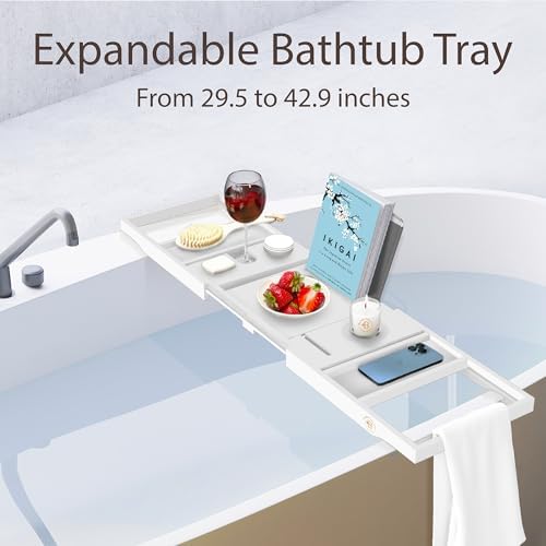 White Bathtub Tray for Tub - Bamboo Bath Tray, Expandable Wooden Bath Caddy Tray with Wine Holder, Book and Tablet Stand, Bathroom Accessories, Tub Table, Bridal Shower Gifts for Women - Image 3