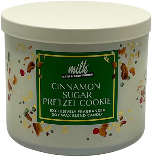 Bath & Body Works Milk BAR Collection Holiday Dessert Scents 3-Wick Scented Candle 2pc Gift Set w/ 40-inch Gold Metallic Ribbon Bow -14.5 oz (Cinnamon Sugar Pretzel Cookie & Cereal Milk Soft Serve)