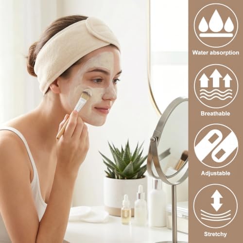 Whaline 4Pcs Spa Facial Headbands Make Up Wrap Head Terry Cloth Headband Soft Adjustable Towel Band for Face Washing Shower Facial Cover Yoga (Beige) - Image 5