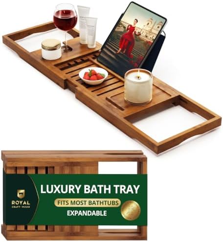 ROYAL CRAFT WOOD Premium Foldable Bathtub Tray Caddy - Wood Bath Tray for Tub, Bamboo Shelf, Expandable Bath Table Trays, Bathtub & Bathroom Accessories for New Home & Mothers, Birthday Gifts for Mom by ROYALCRAFTWOOD