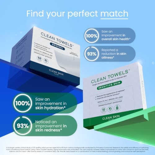 Clean Skin Club Clean Towels XL® Original 50 Ct + Sensitive Skin 10ct Travel Pack Duo, 100% USDA Biobased Disposable Face Towels, Makeup Remover Dry Wipes, Ultra Soft, with Aloe & Glycerin - Image 2