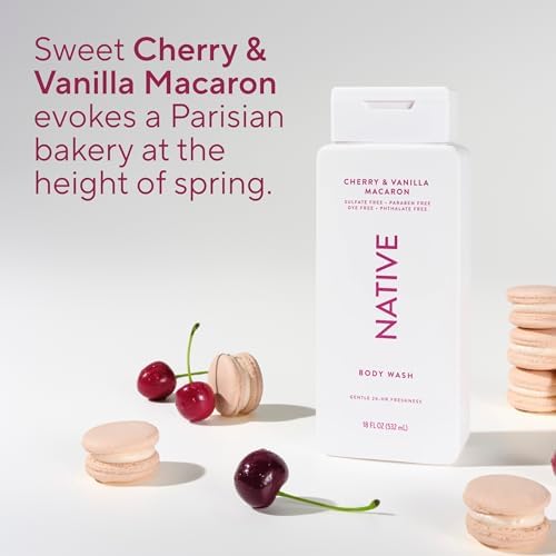 Native Clean Body Wash, Gentle & pH-balanced for Sensitive Skin, 24-Hr Freshness for Women & Men, Vegan & Cruelty-Free, Free of Sulfates & Parabens, Cherry & Vanilla Macaron, 18 fl oz - Image 5