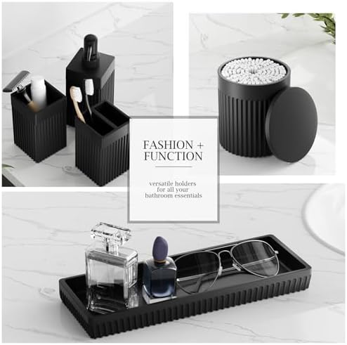 6-Piece Black Bathroom Set - Sleek Resin Organizer with Soap Dispenser, Toothbrush Holder, Vanity Tray, Tumbler & Apothecary Jars for Small Spaces - Image 5