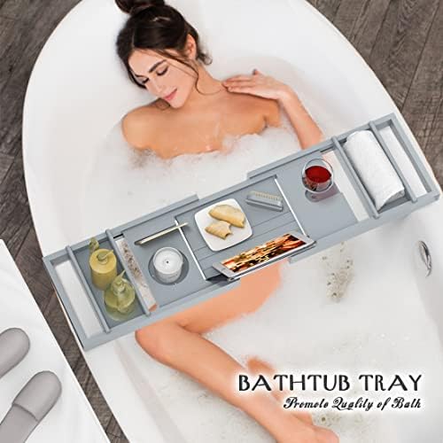 Bath Caddy Tray for Bathtub - Bamboo Adjustable Organizer Tray for Bathroom with Soap Dish Suitable for Luxury Spa or Reading(Bluish Grey) - Image 3