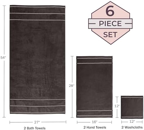 Lavish Home Bathroom Towels Set, Bathroom Accessories, Charcoal, Set of 6 - Image 3