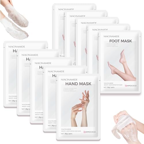 2 Sets Foot Mask & Hand Mask with Niacinamide, Deep Hydration Foot for Dry Cracked Skin, Nourishing Care with Shea Butter & Vitamin E, SPA at Home, 10 packs by Amococo