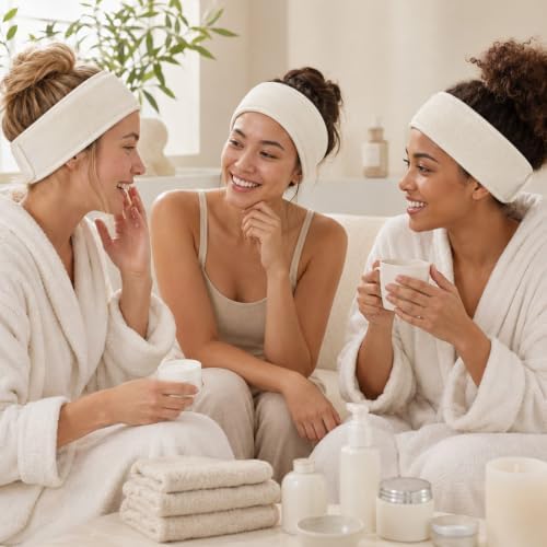 Whaline 4Pcs Spa Facial Headbands Make Up Wrap Head Terry Cloth Headband Soft Adjustable Towel Band for Face Washing Shower Facial Cover Yoga (Beige) - Image 4