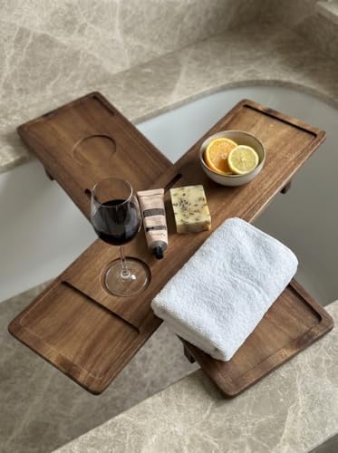 Luxury Wooden Bathub Caddy Tray - Premium Natural Acacia Bath Organizer with Wine Glass Holder, Tablet Slot and Phone Mount - Expandable Spa Board to Fit Most Tubs - Image 4