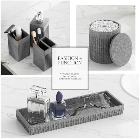 6-Piece Bathroom Set Grey - Stone Textured Resin Bathroom Organizer with Soap Dispenser, Toothbrush Holder, Vanity Tray, Tumbler & Cotton Swab Jars for Small Spaces - Image 5