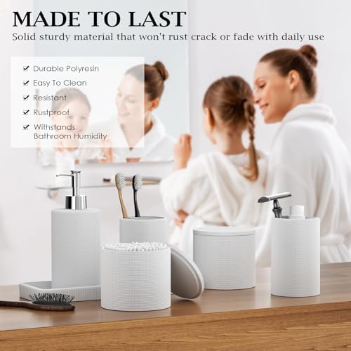 6-Piece White Bathroom Set - Mesh Textured Resin Bathroom Accessories Set with Soap Dispenser, Toothbrush Holder, Cup, Vanity Tray & Apothecary Jars for Small Spaces - Image 3