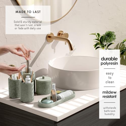 Clara Clark Bathroom Set - Sage Green Bathroom Accessories Set, 5PC Bathroom Accessory Set, Bathroom Sets with Soap Dispenser, Toothbrush Holder, Tumbler, Cotton Swab Jar & Vanity Tray - Image 3