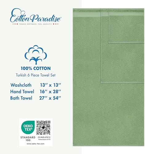Cotton Paradise Towel Set of 6, 2 Bath Towels, 2 Hand Towels and 2 Washcloths Towels for Bathroom Sets, Green - Image 4