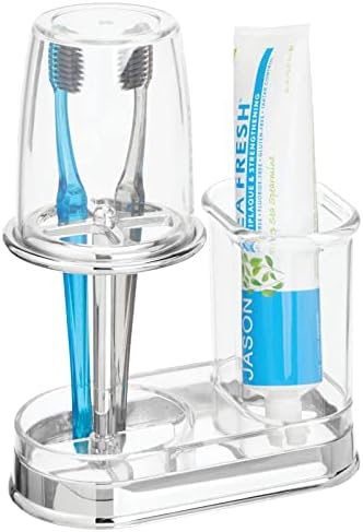 mDesign Plastic Toothpaste and Toothbrush Holder Center with Cup/Cover - Organizer for Bathroom Vanity Countertop - Holds Paste, Floss, Accessories - Hyde Collection - Clear by mDesign