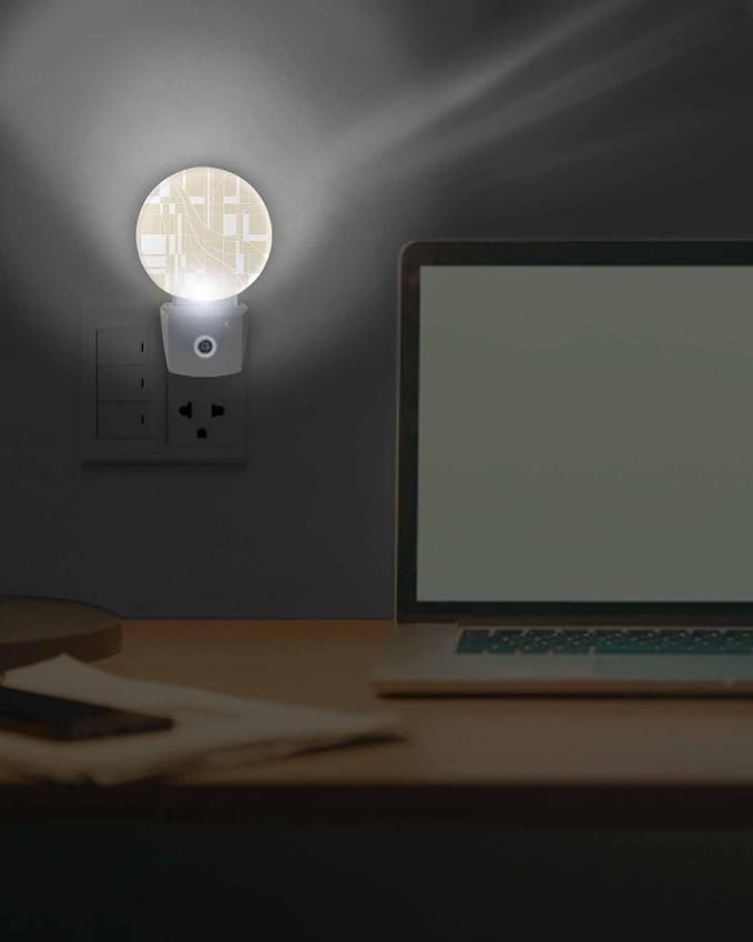 Night Lights Auto Sensor Beige Lines Night Light Modern Abstract Art Round Lamp Plug-in LED Nightlights Dusk to Dawn for Living Room Bedroom Bathroom Hallway Wall Decor
