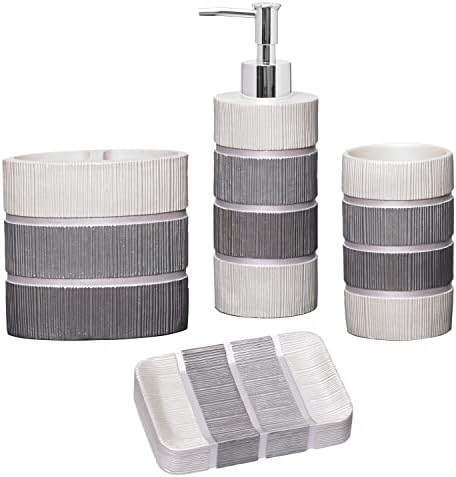 Zahari Home 4pc Modern Line Modern Bathroom Accessories Set Modern Soap Dispenser, Tumbler, Tooth Brush Holder and Dish Soap Holder Luxury Contemporary Grey Decor Unique Design Luxury Bath Set by ZahariHome