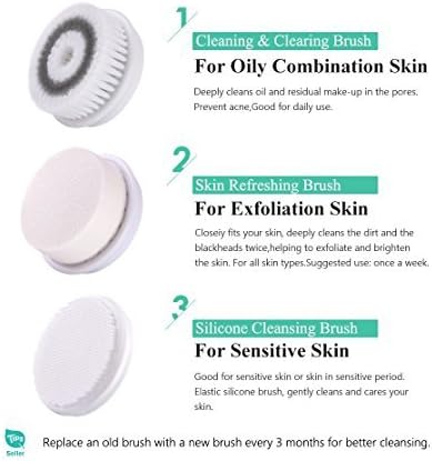 TOUCHBeauty 360° Rotating, 3 in 1 Interchangeable Facial Cleansing Brush Set with Cleansing, Exfoliating and Silicone Brush | 2-Speed, Travel Case, Cordless, Waterproof