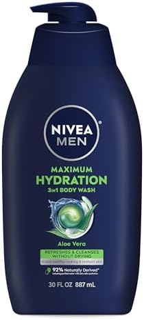 NIVEA MEN Maximum Hydration Body Wash for Dry Skin, Aloe Vera Enriched, 3-in-1 Moisturizing Body Wash, Face and Hair, Paraben Free, Vegan Formula, Bottle, 30 Fl Oz (Pack of 6) by NIVEAMen