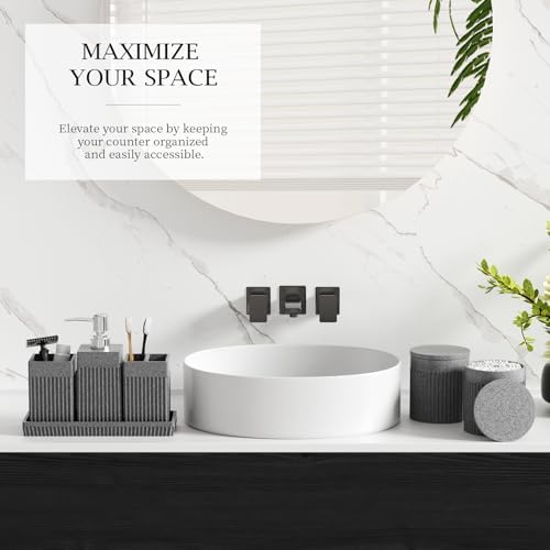 6-Piece Bathroom Set Grey - Stone Textured Resin Bathroom Organizer with Soap Dispenser, Toothbrush Holder, Vanity Tray, Tumbler & Cotton Swab Jars for Small Spaces - Image 6