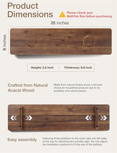 TINAMO 35”L Wood Bathtub Tray with Wine and Tablet/Phone Slot, Walnut Color - Image 2