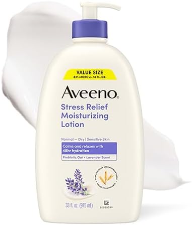 Aveeno Stress Relief Moisturizing Body Lotion, Lavender Scent with Prebiotic Oat for Sensitive Skin, Lightly Scented Lotion with 48-Hour Hydration, Fast Absorbing, Non-Greasy, Value Size 33 Fl Oz by Aveeno