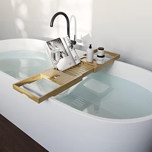 Bathtub Tray - Natural Acacia Wood Bath Tray with Wine Glass Holder, Book, Phone, or Tablet Rest - Expandable Bathtub Accessories by Home-Complete - Image 6