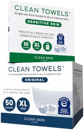 Clean Skin Club Clean Towels XL® Original 50 Ct + Sensitive Skin 10ct Travel Pack Duo, 100% USDA Biobased Disposable Face Towels, Makeup Remover Dry Wipes, Ultra Soft, with Aloe & Glycerin by CLEANSKINCLUB