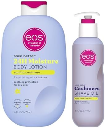 Bundle of eos Shea Better Body Lotion + Cashmere Shave Oil, Vanilla Cashmere, 24-Hour Moisture Skin Care, Lightweight & Non-Greasy, Natural Shea, Vegan, Soothing Moisturizing by eosproducts
