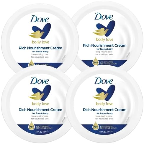 Dove Nourishing Body Care, Face, Hand, and Body Rich Nourishment Cream for Extra Dry Skin with 48-Hour Moisturization, 4-Pack, 2.53 Oz Each Jar by Dove