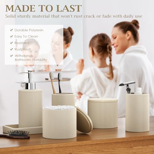 6-Piece Beige Bathroom Set - Mesh Textured Resin Bathroom Accessories Set with Soap Dispenser, Toothbrush Holder, Cup, Vanity Tray & Apothecary Jars for Small Spaces - Image 3