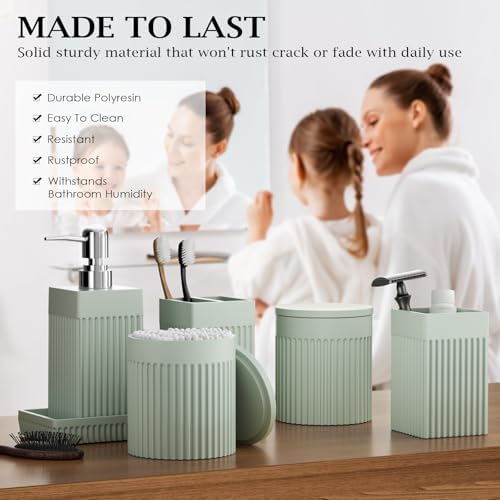 Bathroom Accessories Set, 6-Piece Resin Green Bathroom Set with Toothbrush Holders, Soap Dispenser, Vanity Tray, Tumbler, Cotton Swab Jars, Modern Bathroom Organizer for Small Spaces - Image 3