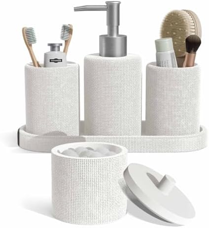 Clara Clark Bathroom Set - White Bathroom Accessories Set, 5PC Bathroom Accessory Set, Bathroom Sets with Soap Dispenser, Toothbrush Holder, Tumbler, Cotton Swab Jar & Vanity Tray by ClaraClark