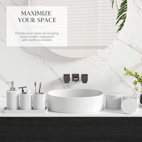 6-Piece White Bathroom Set - Mesh Textured Resin Bathroom Accessories Set with Soap Dispenser, Toothbrush Holder, Cup, Vanity Tray & Apothecary Jars for Small Spaces - Image 6