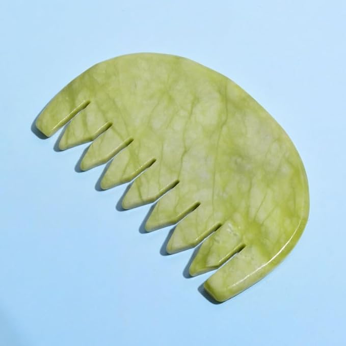 Gua Sha Comb - Moon Shape, Natural Jade Stone Scalp Massager for Head Hair Caring, Jade Guasha Scraping Massage Therapy Tool for Full Body Relax, Meridian Pressure Massager