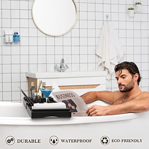 Bath Caddy Tray for Bathtub - Bamboo Adjustable Organizer Tray for Bathroom with Free Soap Dish Suitable for Luxury Spa or Reading(Black) - Image 4