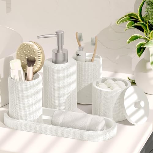 Clara Clark Bathroom Set - White Bathroom Accessories Set, 5PC Bathroom Accessory Set, Bathroom Sets with Soap Dispenser, Toothbrush Holder, Tumbler, Cotton Swab Jar & Vanity Tray - Image 7
