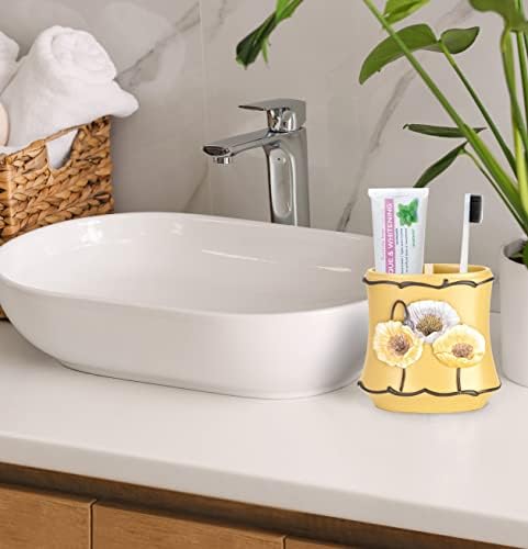 Zahari Home 4pc Poppy Fields Yellow Bathroom Accessories Set Hand Soap Dispenser, Tumbler, Tooth Brush Holder and Soap Dish Modern Contemporary Decor Complete Bathroom Sets with Shower Curtains - Image 4