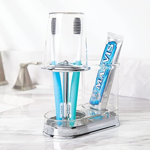 mDesign Plastic Toothpaste and Toothbrush Holder Center with Cup/Cover - Organizer for Bathroom Vanity Countertop - Holds Paste, Floss, Accessories - Hyde Collection - Clear - Image 2