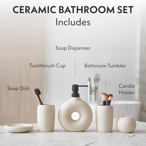 Ceramic Bathroom Accessory Set, 5 Pcs - Soap Dispenser 16 Oz, Toothbrush Cup, Toothbrush Holder, Soap Dish, Candle Holder - Beige, Boho Bathroom Sink Decor, Modern Countertop Accessories - Image 2