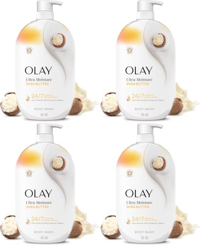 Olay Body Wash for Women,Ultra Moisture,24/7 Moisture Barrier Repair,Hydrating Formula for Visibly Healthy Soft Skin, Vitamin B3-Hyaluronic Blend,All Skin Type, Shea Butter Scent,35 Fl Oz (Pack of 4) by Olay