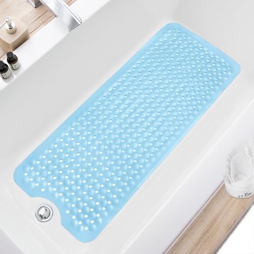 TEESHLY Bath Tub Shower Mat, Non Slip Bathtub Floor Liner Mats with Suction Cups and Drain Holes, Machine Washable Bathmat for Bathroom Floor Safety, 40 x 16 Inch, Sky Blue by TEESHLY