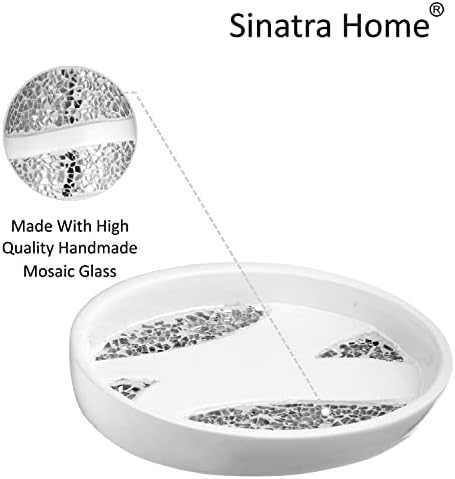 Zahari Home 4pc Sinatra Stylish Bathroom Accessories Set White Soap Dispenser, Tumbler, Tooth Brush Holder and Soap Dish Modern Classic Luxury Decor Bling Mosaic Glass White Bathroom Accessories - Image 6