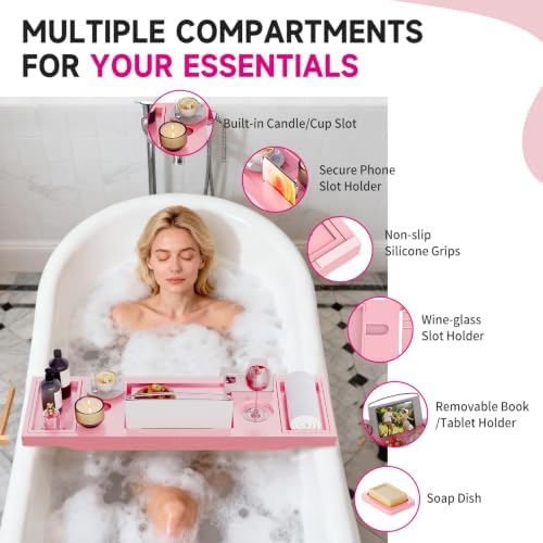 Foldable Bathtub Tray Caddy with Soap Dish Adjustable 29.5-43'' Pink - Image 2