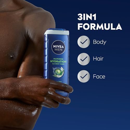 NIVEA MEN Maximum Hydration Body Wash for Dry Skin, Aloe Vera Enriched, 3-in-1 Moisturizing Body Wash, Face and Hair, Paraben Free, Vegan Formula, 16.9 Fl Oz Bottle - Image 3