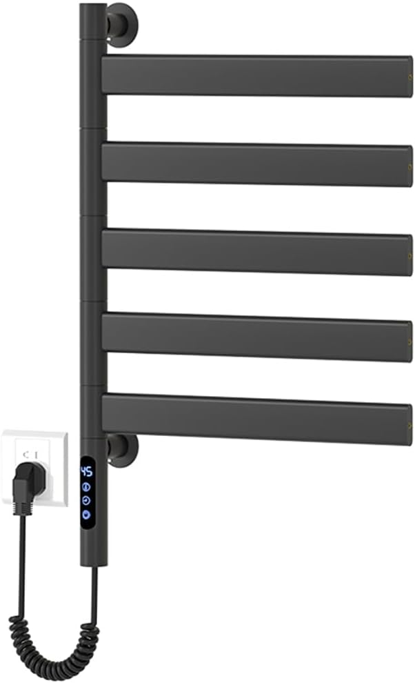 Smart Rotating Heated Towel Rack for Bathroom Black, VOKIM 5-Bar Wall-Mounted Electric Towel Warmer with Swivel Bars, Stainless Steel, IPX4