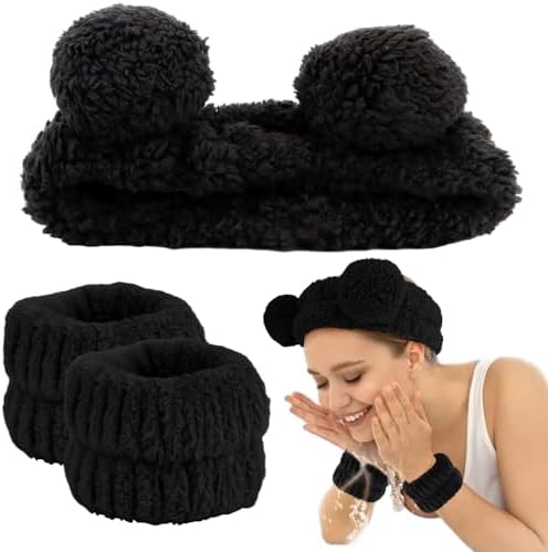 AHONEY Spa Bear Ears Headband, Face Wash Headband and Wristband Set, Cute Makeup Skincare Fluffy Headbands Wrist Bands for Washing Face Elastic for Women Girls Cosmetic (Black) - Image 7