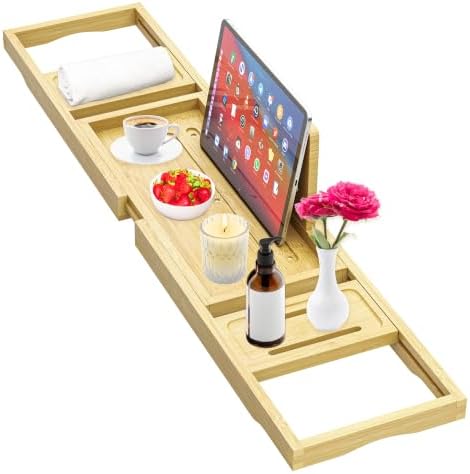 Premium Bathtub Tray - Expandable Bamboo Wooden Bath Trays for Bathub - Bath Tub Table Tray for Bathtub/Tub,Adjustable Size, Fits Most Tubs by Banlilu