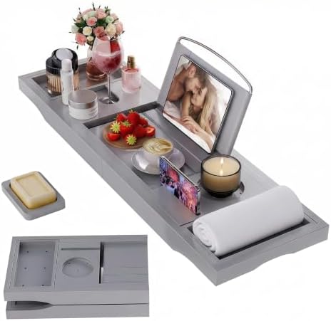 Foldable Bathtub Tray Caddy with Soap Dish Adjustable 29.5-43'' Grey by BESHOF