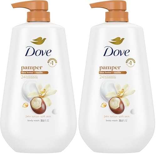 Dove Body Wash with Pump Pamper Shea Butter & Vanilla for 24hr Lotion-Soft Skin Moisturizing Skin Cleanser with No Sulfates No Parabens 30.6 oz (Pack of 2) by Dove