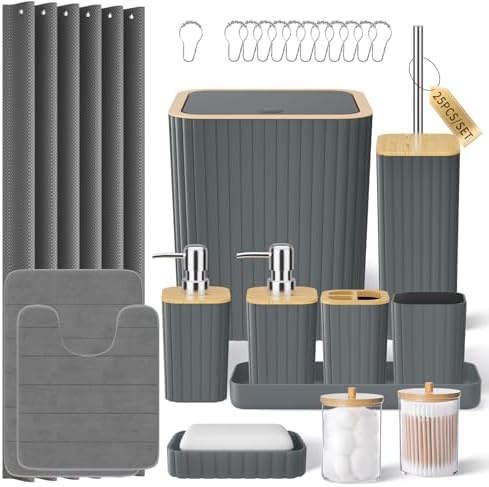 XLHOMO Bathroom Set - 25PC Grey Bathroom Set with Shower Curtain and Rugs by BetterbathroomwithXLHOME