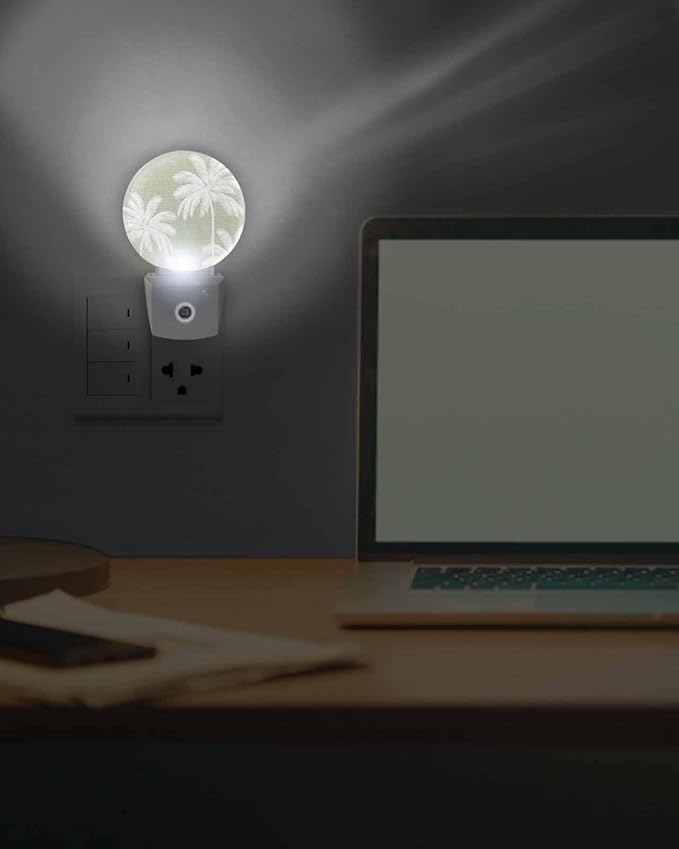 Night Lights Auto Sensor Tropical Palm Trees Night Light Sage Green Linen Coastal Round Lamp Plug-in LED Nightlights Dusk to Dawn for Living Room Bedroom Bathroom Hallway Wall Decor